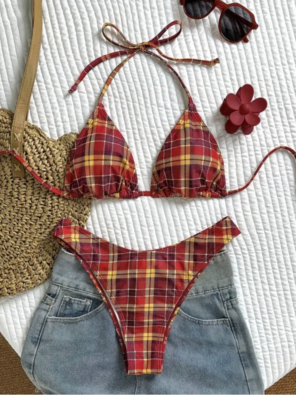 Warm Toned, Multi-Colored, Plaid, Bikini Set